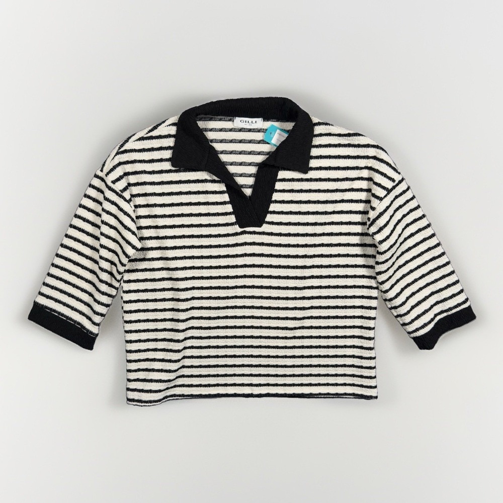 Gilli Ethel Womens XSP Striped Collared Knit Top 3/4 Sleeve Black White NWT